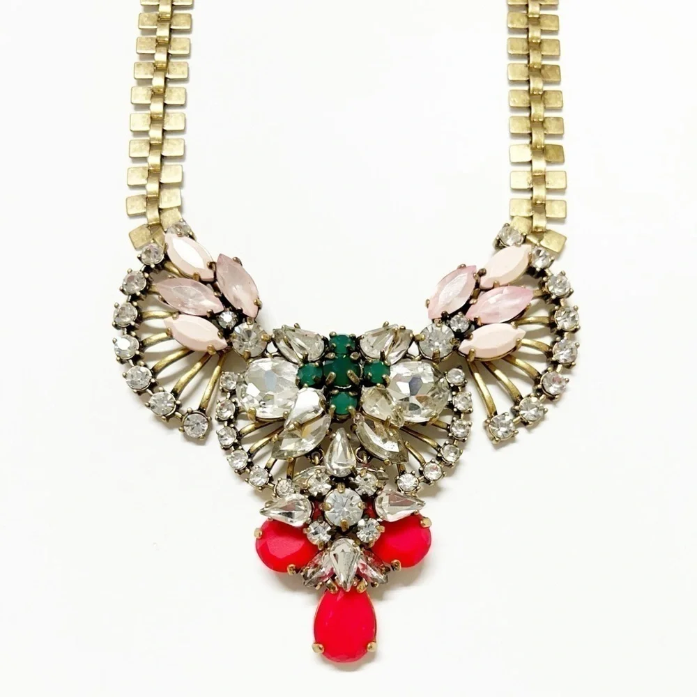 J Crew Womens Gold Plated Brass Multicolored Crystal Fan Statement Necklace
